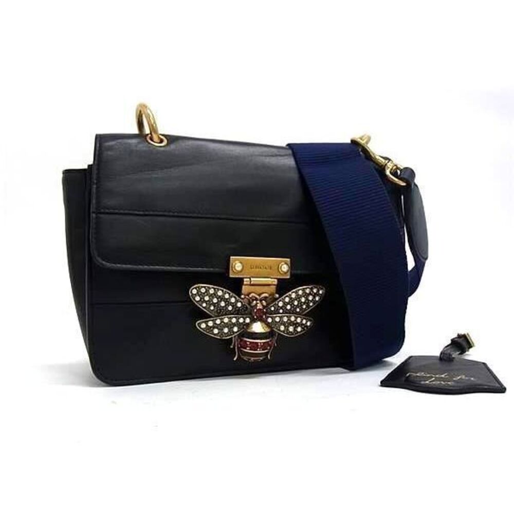 GUCCI Queen Margaret Bee Leather Crossbody Shoulder Bag Black
